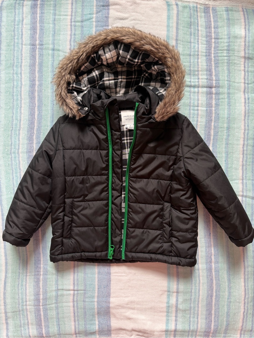 Janie & Jack — Kids Black Puffer Jacket with Faux Fur Hood